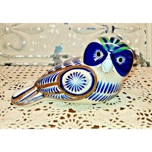 Vintage Mateos Tostado Blue Owl Figurine Signed Mexican Pottery Cobalt Owl